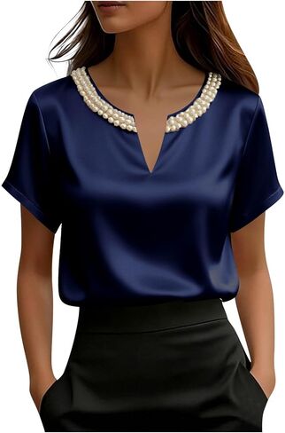 Womens Tops Dressy Casual V Neck Color Short Sleeve Blouse Business Casual Tops Satin Silk Work Summer Shirt in Kuwait