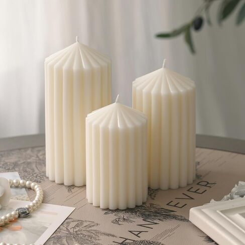 3 Pack White Ribbed Pillar Candles - Soy Wax Unscented, 2.76" x4.2/4.9/5.9 in Smokeless Non Toxic Cotton Wick, Aesthetic Modern Candles for Home Decor, Dinner Table, Living Room, Housewarming Gift in Saudi Arabia
