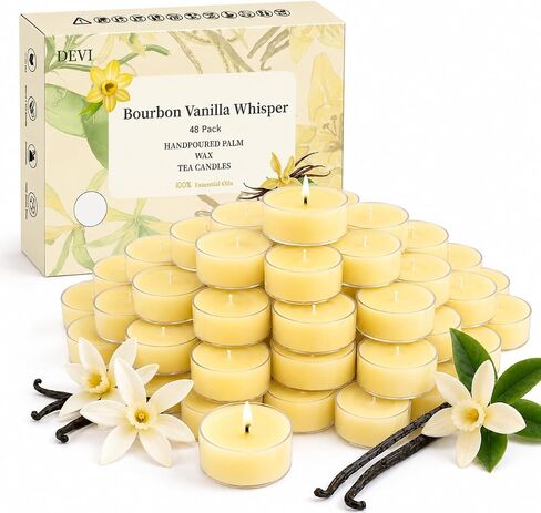 DEVI Vanilla Bean Highly Scented Tea Lights Candles 48 Pack, 5-6 Hours Natural Palm Tea Candles for Home Scented, Small Tealight Votives with Essential Oils for Home, Thanksgiving in Kuwait