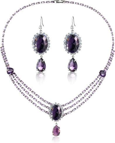 AMYJANE Oval Necklace and Earring Jewelry Set for Women Crystal Teardrop Purple Retro Jewelry Set for Halloween Prom Party Birthday Costume Accessories in Saudi Arabia
