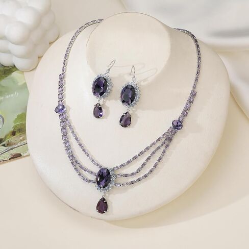 AMYJANE Oval Necklace and Earring Jewelry Set for Women Crystal Teardrop Purple Retro Jewelry Set for Halloween Prom Party Birthday Costume Accessories in Saudi Arabia