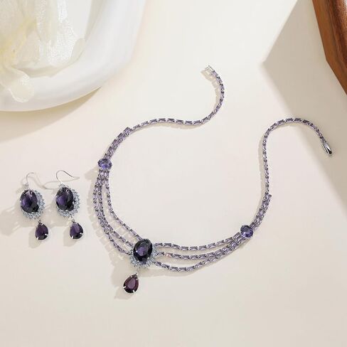 AMYJANE Oval Necklace and Earring Jewelry Set for Women Crystal Teardrop Purple Retro Jewelry Set for Halloween Prom Party Birthday Costume Accessories in Saudi Arabia
