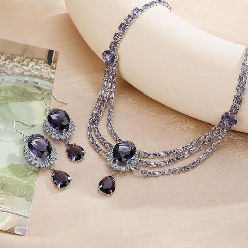 AMYJANE Oval Necklace and Earring Jewelry Set for Women Crystal Teardrop Purple Retro Jewelry Set for Halloween Prom Party Birthday Costume Accessories in Saudi Arabia