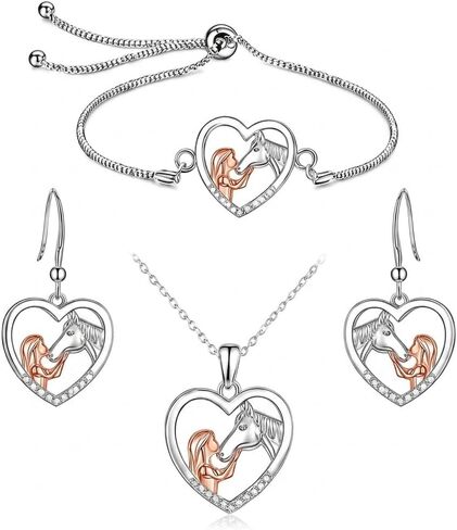 SUPAC Heart-Shaped Horse Jewelry Set, Silver and Rose Gold, Necklace and Earrings with Crystal Accents, 18+2 inch Chain in Saudi Arabia