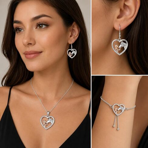 SUPAC Heart-Shaped Horse Jewelry Set, Silver and Rose Gold, Necklace and Earrings with Crystal Accents, 18+2 inch Chain in Saudi Arabia