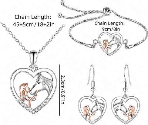 SUPAC Heart-Shaped Horse Jewelry Set, Silver and Rose Gold, Necklace and Earrings with Crystal Accents, 18+2 inch Chain in Saudi Arabia