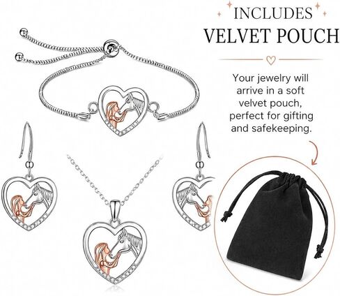 SUPAC Heart-Shaped Horse Jewelry Set, Silver and Rose Gold, Necklace and Earrings with Crystal Accents, 18+2 inch Chain in Saudi Arabia