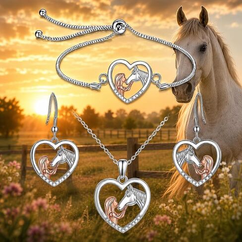 SUPAC Heart-Shaped Horse Jewelry Set, Silver and Rose Gold, Necklace and Earrings with Crystal Accents, 18+2 inch Chain in Saudi Arabia
