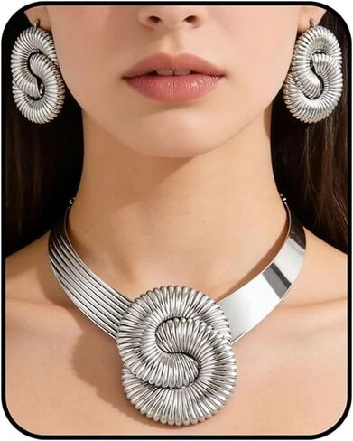 Chunky Statement Jewelry Sets for Women Helix Earrings Irregular Spiral Necklaces Adjustable Metal Choker Necklace Jewelry Sets for Women in Saudi Arabia