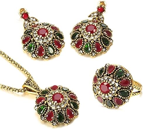 3Pcs/set Big Flower Pendant Necklace Earrings Ring Crystal Floral Antique Gold Plated Vintage Statement Jewelry Set for Women Turkish Jewelry Party in Saudi Arabia