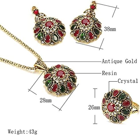 3Pcs/set Big Flower Pendant Necklace Earrings Ring Crystal Floral Antique Gold Plated Vintage Statement Jewelry Set for Women Turkish Jewelry Party in Saudi Arabia