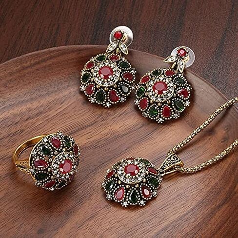 3Pcs/set Big Flower Pendant Necklace Earrings Ring Crystal Floral Antique Gold Plated Vintage Statement Jewelry Set for Women Turkish Jewelry Party in Saudi Arabia