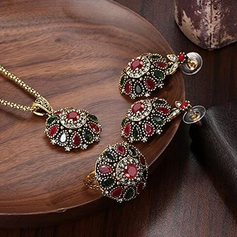 3Pcs/set Big Flower Pendant Necklace Earrings Ring Crystal Floral Antique Gold Plated Vintage Statement Jewelry Set for Women Turkish Jewelry Party in Saudi Arabia