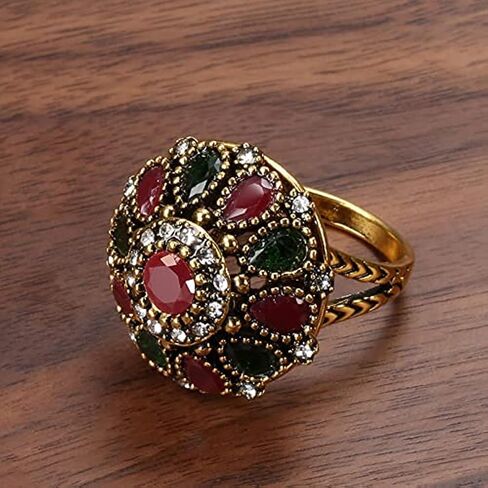 3Pcs/set Big Flower Pendant Necklace Earrings Ring Crystal Floral Antique Gold Plated Vintage Statement Jewelry Set for Women Turkish Jewelry Party in Saudi Arabia