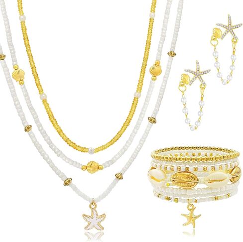 Fscwlmon 11 Pcs Seashell Starfish Summer Beach Jewelry Set for Women Layered Shell Necklace Pearl Shell Earrings Dainty Beach Bead Bracelets Anklets Tropical Vacation Outfits Mermaid Accessory Gift in Saudi Arabia