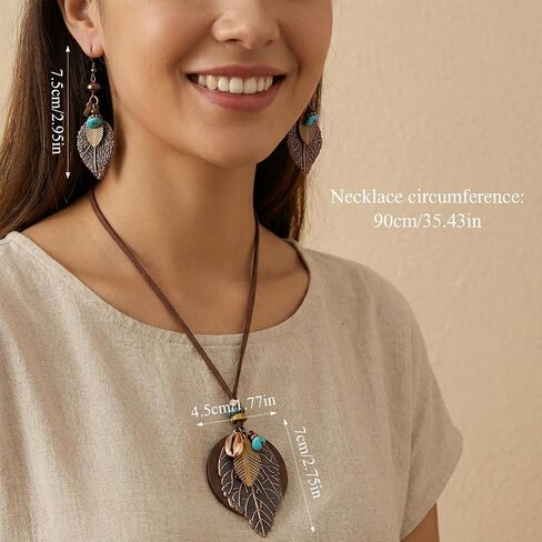 Boho Jewelry Set for Women - Western Vintage Pendant Necklace & Dangle Earrings - Retro Ethnic Geometric Statement Accessories for Festival Vacation in Saudi Arabia