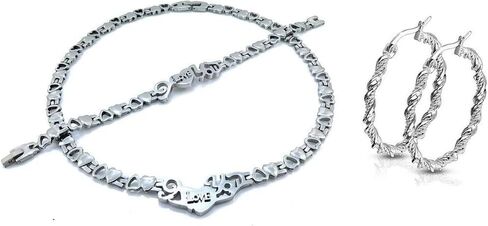 New Silver Hugs and Kisses I Love You Necklace Bracelet Earring Set 18 inches Stainless Steel Stampato Set X and O with 38mm Twisty Hoops in Saudi Arabia