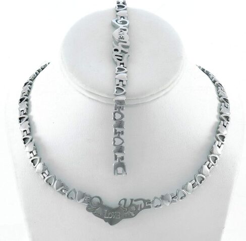 New Silver Hugs and Kisses I Love You Necklace Bracelet Earring Set 18 inches Stainless Steel Stampato Set X and O with 38mm Twisty Hoops in Saudi Arabia