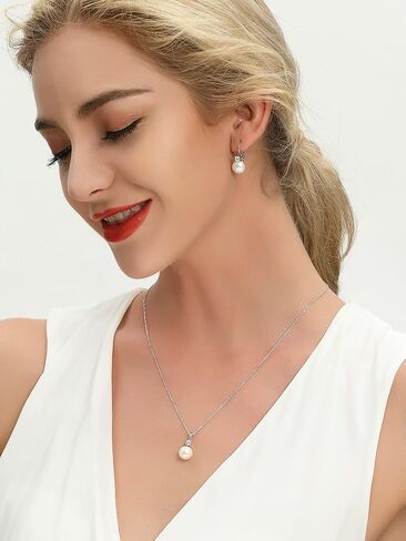 JO WISDOM White Pearl Jewelry Sets 925 Sterling Silver 8mm White Freshwater Pearl Earrings Necklace Set in Kuwait