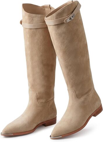 Knee High Boots for Women - Faux Suede Pointed Toe Flat Riding Boots, Low Heel Slip-On Tall Dress Boots in Saudi Arabia