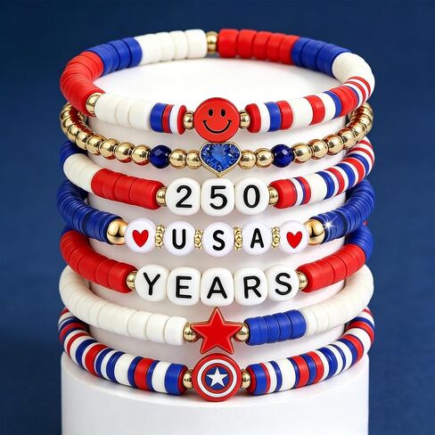 4th of July Bracelets, Red White Blue Bracelets 250 Anniversary Accessories, Stackable Patriotic Bracelets for Independence Day in Saudi Arabia