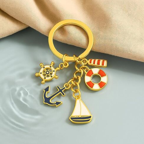 Sailboat Keychain with Lighthouse, Lifebuoy, Anchor, Maritime-Inspired Accessory for Women Bags Charms Cool Keychains Gifts for Men Women-Blue&Red in Saudi Arabia