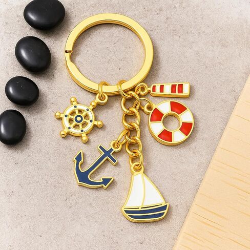 Sailboat Keychain with Lighthouse, Lifebuoy, Anchor, Maritime-Inspired Accessory for Women Bags Charms Cool Keychains Gifts for Men Women-Blue&Red in Saudi Arabia