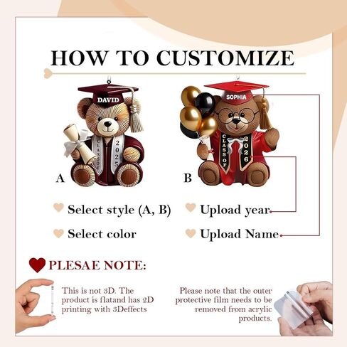 Personalized Graduation Bear Acrylic Keychain,Custom Name Class Year Gift for Graduate Class of 2026 in Kuwait