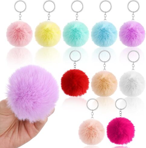 10 Pcs Pom Pom Keychain Rabbit Faux Fur Ball Keychain, Synthetic Artificial Fluffy Colorful Soft Plush Pompoms Car Key Ring Puff Ball with Keychains Hooks in Kuwait