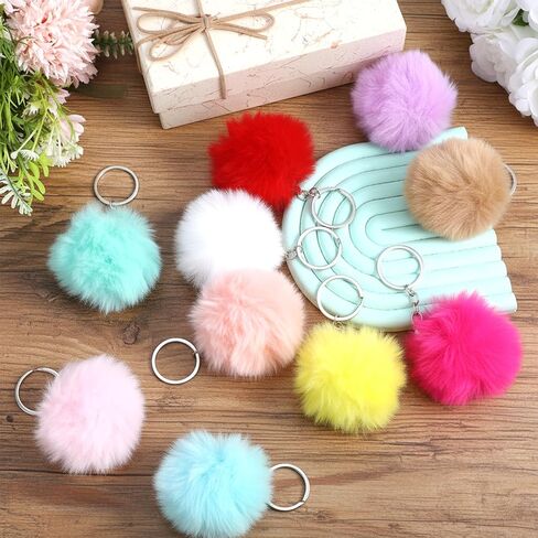 10 Pcs Pom Pom Keychain Rabbit Faux Fur Ball Keychain, Synthetic Artificial Fluffy Colorful Soft Plush Pompoms Car Key Ring Puff Ball with Keychains Hooks in Kuwait