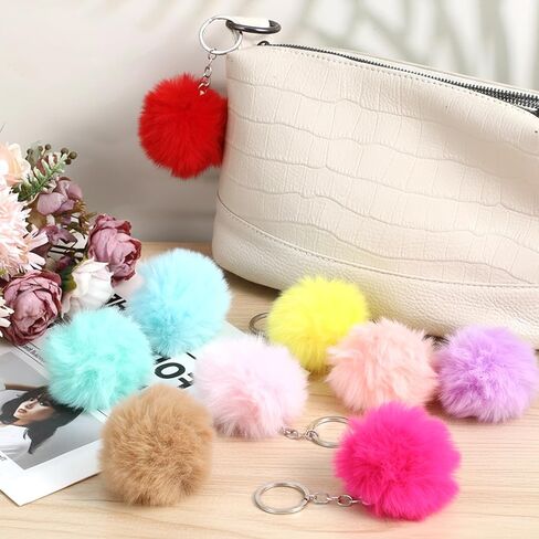 10 Pcs Pom Pom Keychain Rabbit Faux Fur Ball Keychain, Synthetic Artificial Fluffy Colorful Soft Plush Pompoms Car Key Ring Puff Ball with Keychains Hooks in Kuwait