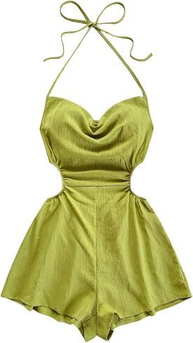 SHENHE Women's Summer Draped Halter Romper Shirred Spaghetti Strap Backless Wide Leg Shorts Jumpsuit in Kuwait
