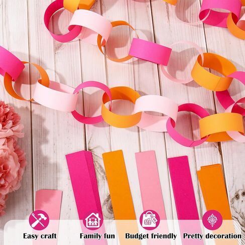 JarThenaAMCS 600 Pcs Pink Orange Paper Chain Garlands Double-Sided 3 Colors DIY Paper Stripes for Summer Holiday Coastal Wedding Birthday Party Decor in Kuwait
