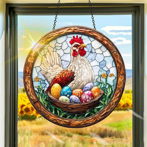 Colorful Acrylic Suncatcher, Spring Sun Catchers Easter Chicken Hanging Window Decoration, Rainbow Maker Wall Art, for Bedroom Indoor Outdoor Garden Thanksgiving Day Ornaments Decor 7.8x7.8 Inch in Kuwait