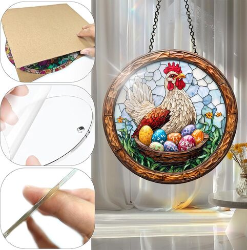 Colorful Acrylic Suncatcher, Spring Sun Catchers Easter Chicken Hanging Window Decoration, Rainbow Maker Wall Art, for Bedroom Indoor Outdoor Garden Thanksgiving Day Ornaments Decor 7.8x7.8 Inch in Kuwait