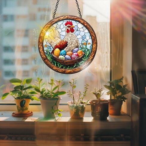 Colorful Acrylic Suncatcher, Spring Sun Catchers Easter Chicken Hanging Window Decoration, Rainbow Maker Wall Art, for Bedroom Indoor Outdoor Garden Thanksgiving Day Ornaments Decor 7.8x7.8 Inch in Kuwait