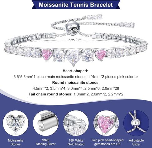 Moissanite Tennis Heart Bracelet for Women S925 Sterling Silver D Color VVS1 Round Cut Adjustable Moissanite Bracelets 5-9.5inch in Saudi Arabia