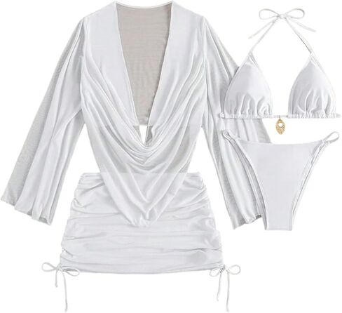 Milumia Women's 4 Piece Swimsuit Halter Triangle Bikini Set with Sheer Mesh Cover Ups Beachwear in Kuwait