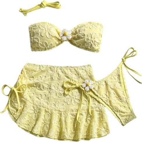 Verdusa Women's 3 Piece Floral Strapless Bandeau Bikini Sets Boho Chic Swimsuits with Cover Up Skirt in Saudi Arabia