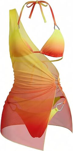 GORGLITTER Women's Ombre Bikini Sets Metal Halter Triangle High Cut Swim Sets with One Shoulder Cover Up Dress in Kuwait