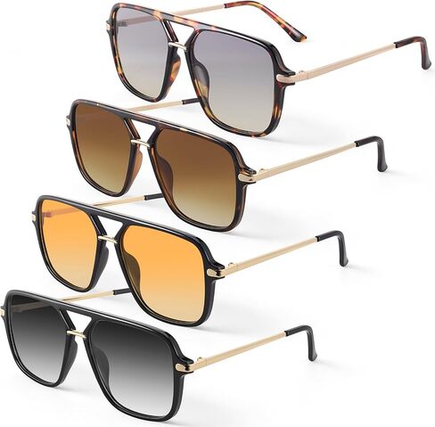 JATEBI 4 Packs Retro Sunglasses for Women Men, Vintage Oversized Square Sunglasses, Trendy Double Bridge Sun Glasses with Polarized Lens, UV400 Protection, 70s Shades in Kuwait