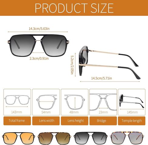 JATEBI 4 Packs Retro Sunglasses for Women Men, Vintage Oversized Square Sunglasses, Trendy Double Bridge Sun Glasses with Polarized Lens, UV400 Protection, 70s Shades in Kuwait