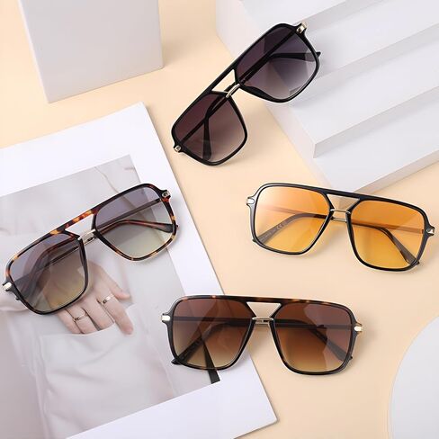 JATEBI 4 Packs Retro Sunglasses for Women Men, Vintage Oversized Square Sunglasses, Trendy Double Bridge Sun Glasses with Polarized Lens, UV400 Protection, 70s Shades in Kuwait