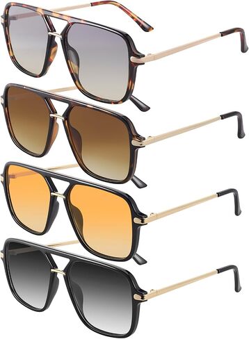 JATEBI 4 Packs Retro Sunglasses for Women Men, Vintage Oversized Square Sunglasses, Trendy Double Bridge Sun Glasses with Polarized Lens, UV400 Protection, 70s Shades in Kuwait