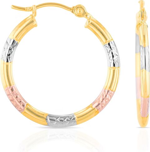 Floreo 10k Yellow Gold 19mm Diamond Cut Station Tri-Color Hoop Earrings in Saudi Arabia