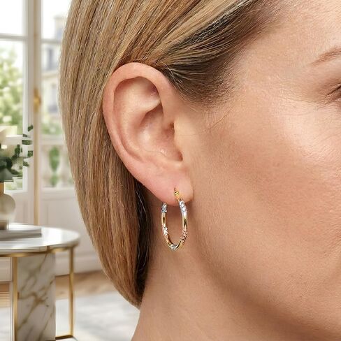 Floreo 10k Yellow Gold 19mm Diamond Cut Station Tri-Color Hoop Earrings in Saudi Arabia