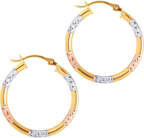 Floreo 10k Yellow Gold 19mm Diamond Cut Station Tri-Color Hoop Earrings in Saudi Arabia