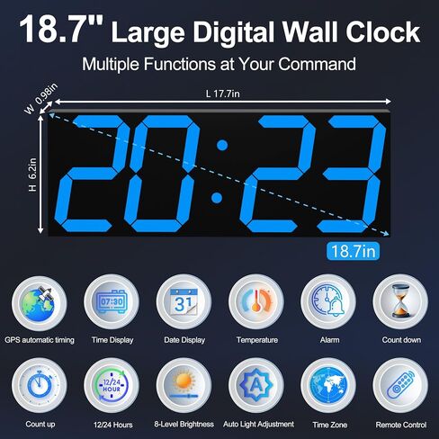 CHKOSDA 18.7 Inch Large Digital Wall Clock with GPS Auto-Sync Time - Blue | 164ft Visibility, No Wi-Fi, 8-Level Dimming, Timer, Remote, Wall-Mounted, for Living Room, Office, Classroom, Garage in Saudi Arabia