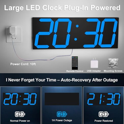 CHKOSDA 18.7 Inch Large Digital Wall Clock with GPS Auto-Sync Time - Blue | 164ft Visibility, No Wi-Fi, 8-Level Dimming, Timer, Remote, Wall-Mounted, for Living Room, Office, Classroom, Garage in Saudi Arabia