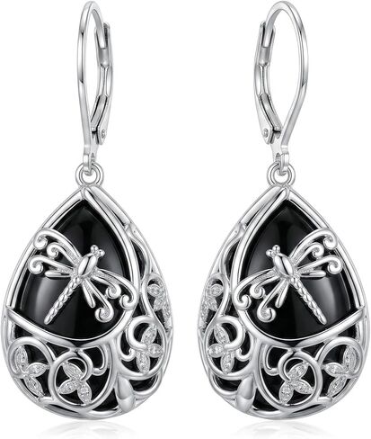Black Onyx Dragonfly Earrings Obsidian Dangle Drop Earrings Filigree Boho Vintage Jewelry Gifts for Women in Saudi Arabia
